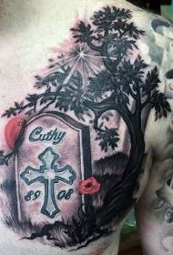 krūtinės antkapio kryžiaus gėlių medžio tatuiruotės modelis