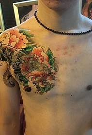 personality men's chest colorful flower tattoo pattern