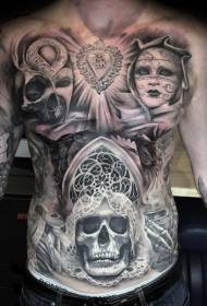 poitrine et abdomen divers portrait de crâne démon portrait en forme de cœur tatouage