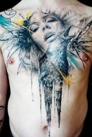 胸部彩色女人脸与乌鸦纹身图案
