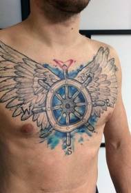 Kormilo u prsima u boji s krilom tetovaže Wings