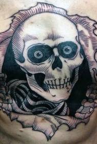 chest old school torn skin with funny skull tattoo pattern