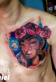 chest new school color girl portrait and flower tattoo pattern