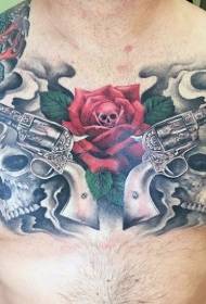 chest personality pistol and skull rose tattoo pattern