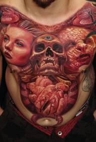 craniu în stil horror, cu diferite portrete și modele de tatuaje cardiace