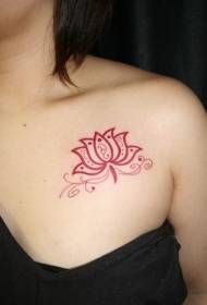 woman chest red small lotus tattoo pattern