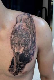 chest and shoulder realistic wolf tattoo pattern
