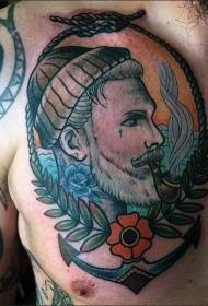 chest old school color smoking sailor portrait tattoo pattern