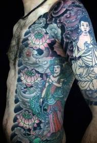 Japāņu stila Budas statuja un lotosa krāsas tetovējums