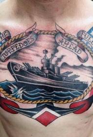 胸部航海主題色船旗紋身圖案