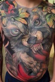 peito e abdome pintado de avatar de lobo e patrón de tatuaxe de aves