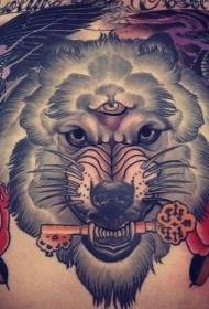 ຫນ້າເອິກສີດໍາ Raven ແລະ Devil Wolf ຫົວ Tattoo Pattern Key Golden