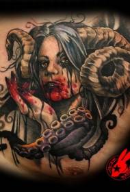 krūšu šausmu stila krāsainā asiņainā dēmona sievietes tetovējuma raksts