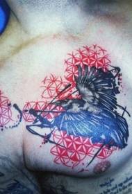 Modern stílusú színes varjú mellkasi tetoválás minta