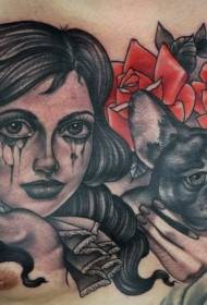 krūtinės senosios mokyklos spalva verkianti moteris su šuns ir gėlių tatuiruotės modeliu
