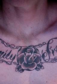 Rose and English letters chest tattoo pattern