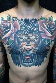 chest painted cross and rose lion tattoo pattern