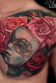 chest color rose with mask Tattoo pattern