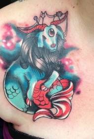 Chest-looking multicolored fantasy goat tattoo pattern