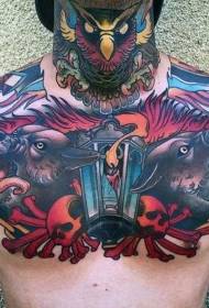 chest and neck old school color hell dog Owl skull tattoo pattern