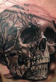 胸部骷髅与树枝和医疗器械纹身图案