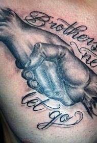 chest black gray handshake with letter tattoo pattern