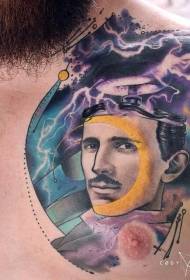 Chest surrealism style Teslata portrait tattoo pattern