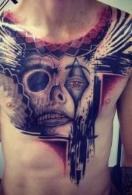 chest modern traditional color clown face with dragonfly and wings Tattoo pattern
