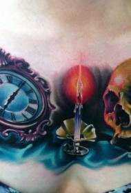 chest color clock And burning candle skull tattoo pattern
