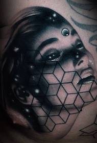 Сундук загадочной женщины Портрет и геометрический рисунок татуировки