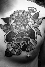 zegar ze starej szkoły w klatce piersiowej z kwiatowym wzorem tatuażu