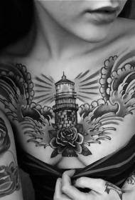 chest Old school lighthouse with flower plant tattoo pattern