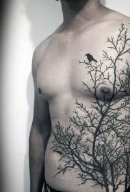 Padrão de tatuagem de floresta escura e corvo no peito e abdômen