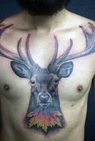 chest color deer head with maple leaf tattoo pattern