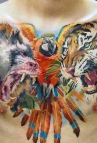 chest color realistic angry tiger orangutan and parrot tattoo pattern