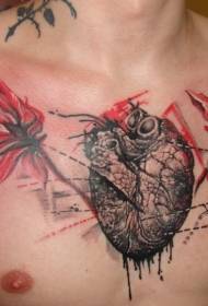 delicate heart with red flowers chest tattoo pattern
