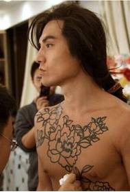 long hair handsome brother chest peony tattoo pattern