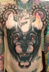old school mysterious devil wolf head and vanilla flower tattoo pattern