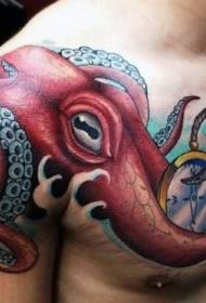 chest red big octopus and compass tattoo pattern