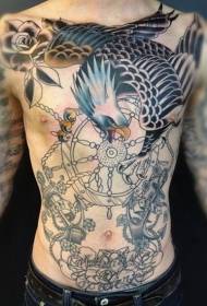 Chest Eagle and Flower Rudder Tattoo Pattern