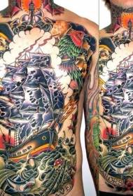 chest and abdomen incredible colorful pirate theme tattoo pattern