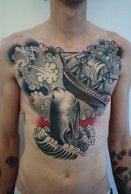 whale ເຮືອສີດຮູບແບບ tattoo ຫນ້າເອິກ
