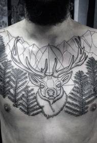 Chest Geometry Mountain and Tree Deer Head Tattoo Pattern