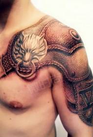 vintage armor pattern over the shoulder tattoo picture on the man's chest