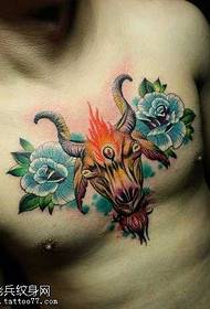 front chest cool sheep head rose tattoo pattern