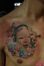 Man chest geisha sakura fan tattoo picture