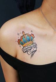 sexy female chest beautiful color crown letter tattoo picture