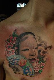 manlig bröst geisha cherry blossom fan tatuering