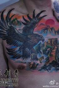 Chest Eagle Flying Great Wall Sunset Tattoo Pattern