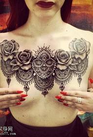 chest large V lace side rose tattoo pattern